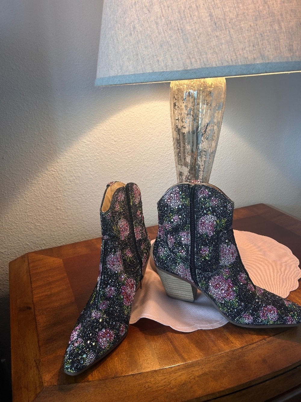 Betsy Johnson Glitzy Rhinestone Studded Pink Floral Women’s Ankle Boots - Picture 5 of 7